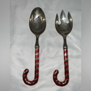 GODINGER CANDY CANE SERVING UTENSILS FORK SPOON SET SILVER TONE RED CHRISTMAS